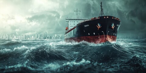 Fototapeta premium A majestic ship navigates through turbulent waters under a dramatic sky, symbolizing adventure and resilience at sea.
