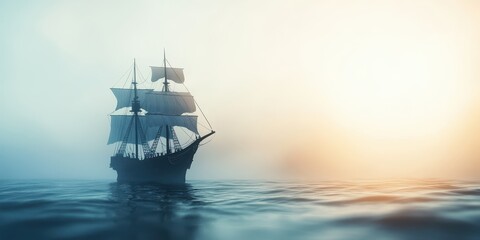 A majestic ship sailing through misty waters at sunset, evoking a sense of adventure and tranquility.