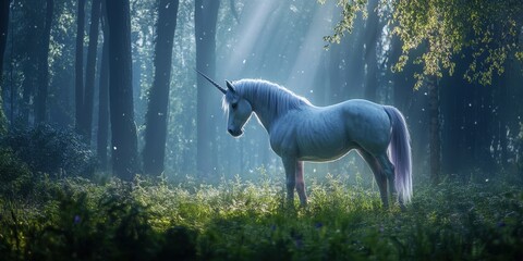 A majestic unicorn stands in a mystical forest, illuminated by ethereal light rays, capturing a scene of enchantment and serenity.
