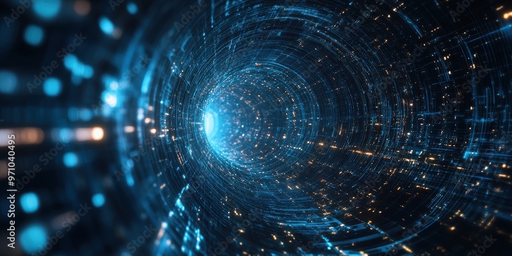 Poster a mesmerizing digital tunnel filled with glowing particles and vibrant colors, representing advanced