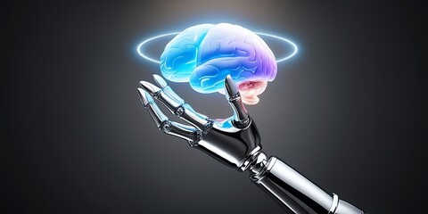 A 3D-rendered robotic hand holding a glowing brain, showcasing the intersection of AI, machine learning, and cognitive science. Made with generative AI technology