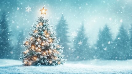 Beautifully Decorated Christmas Tree with Glowing Lights and Red Ornaments in a Snowy Winter Wonderland