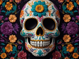 Colorful Sugar Skull Illustration with Flowers and Ornate Details