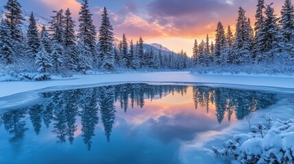 Obraz premium Frozen Lake Reflecting Vibrant Winter Sunset Surrounded by Snow-Covered Trees in a Serene Forest Landscape