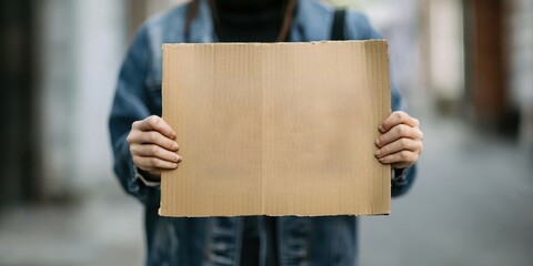 A person holds a blank cardboard sign in a city street, perfect for messages or promotions.