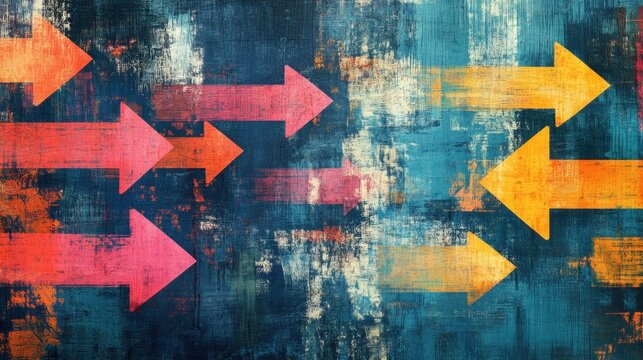 Abstract representation of changing direction with arrows pointing in multiple directions symbolizing new strategy and growth
