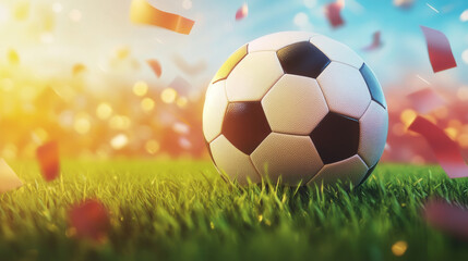 3D realistic football with tournament league sports background. 