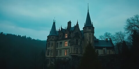 Fototapeta premium A serene castle shrouded in twilight, surrounded by enchanting greenery and an air of mystery, perfect for storytelling and fantasy themes.