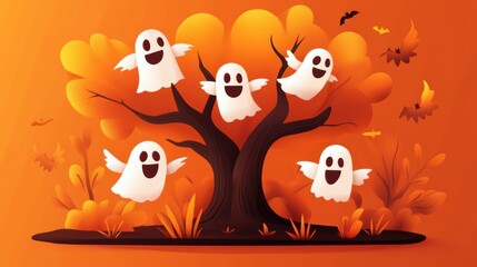 Obraz premium A whimsical scene featuring cheerful ghosts among vibrant autumn leaves, perfect for Halloween or fall-themed designs.
