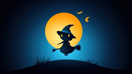 A whimsical witch flying on a broomstick against a glowing full moon, perfect for Halloween-themed designs.