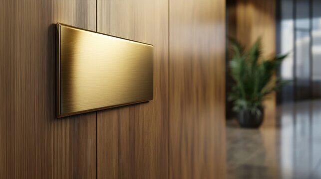 Bronze plaque affixed to a smooth maple wood wall, emphasizing professionalism and sleek design for banners and promotions