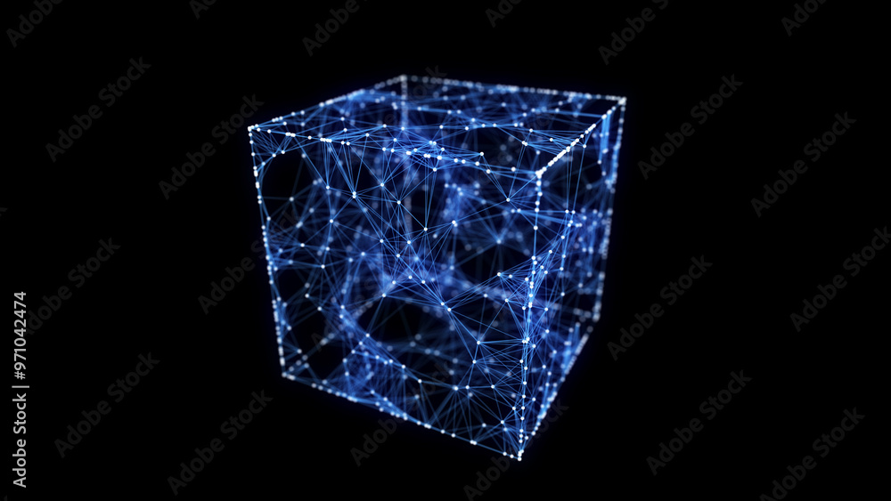 Poster abstract blue cube on black background. wireframe square structure with glowing particles and lines.