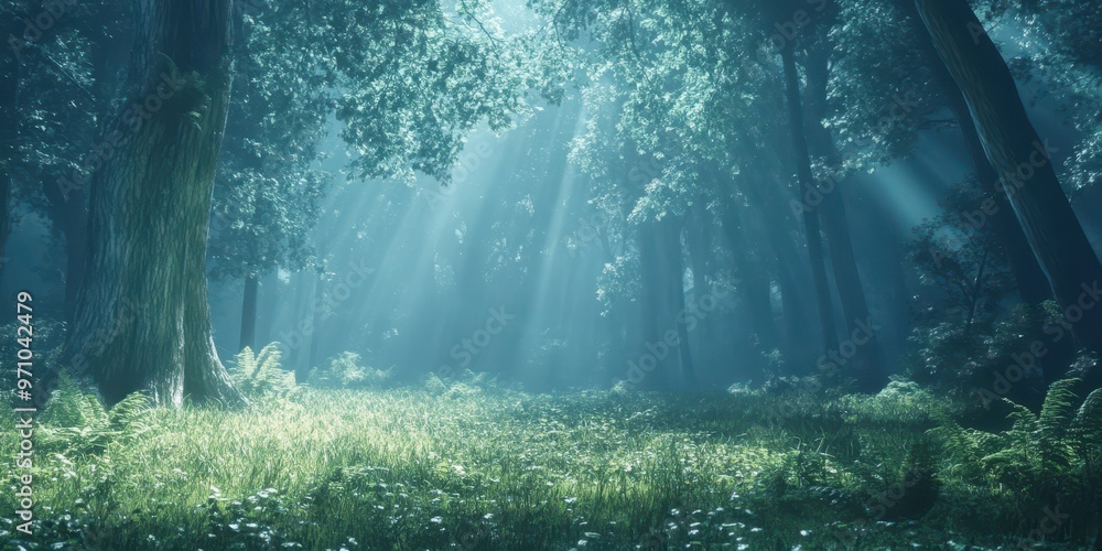 Poster a serene forest scene with sunlight filtering through trees, creating a mystical atmosphere filled w