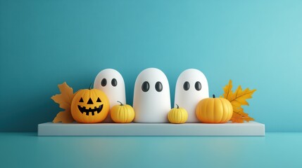 Obraz premium Charming Halloween display featuring playful ghost decorations and vibrant pumpkins on a clean blue background.