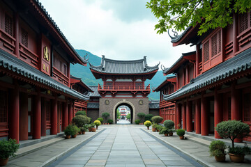 Fototapeta premium a building with a red sign that says quot the name of the temple quot