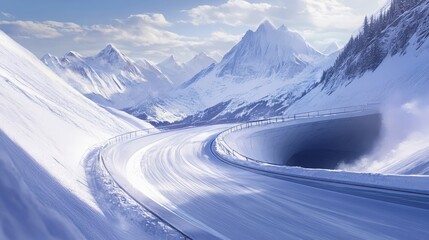 High-Speed Bobsled Track Winding Through Snowy Mountains in a Majestic Winter Alpine Landscape