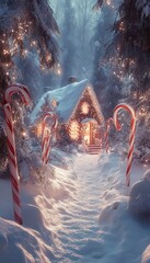 Magical Snowy Cottage Surrounded by Candy Canes in an Enchanted Forest with Festive Christmas Lights