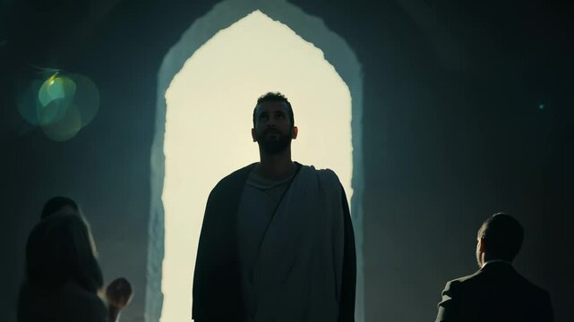 Lazarus emerging from the tomb with a renewed expression of life and awe, while Jesus stands beside him, observing the miracle under dramatic gobo lighting