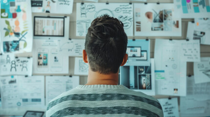 Creative brainstorming session in a modern workspace with an idea board filled with notes and visuals during daytime