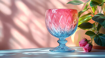 Pink and Blue Glass Goblet with Pink Roses and Green Leaves Illustration