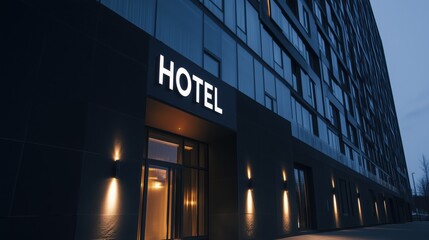 Obraz premium Modern luxury hotel facade at dusk with illuminated entrance for upscale accommodation