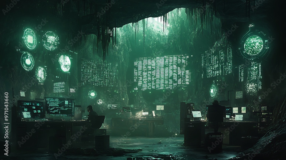 Poster Hackers Working in a Cave Lit by Green Data Visualizations