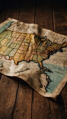 Crumpled Vintage Map of the US on Distressed Wooden Table - Surrounded by Historical Context