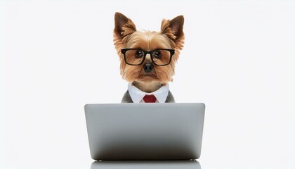 ノートパソコンと犬、ネクタイをして眼鏡をかけているヨークシャーテリア。（A laptop and a dog, a Yorkshire terrier wearing a tie and glasses.）
