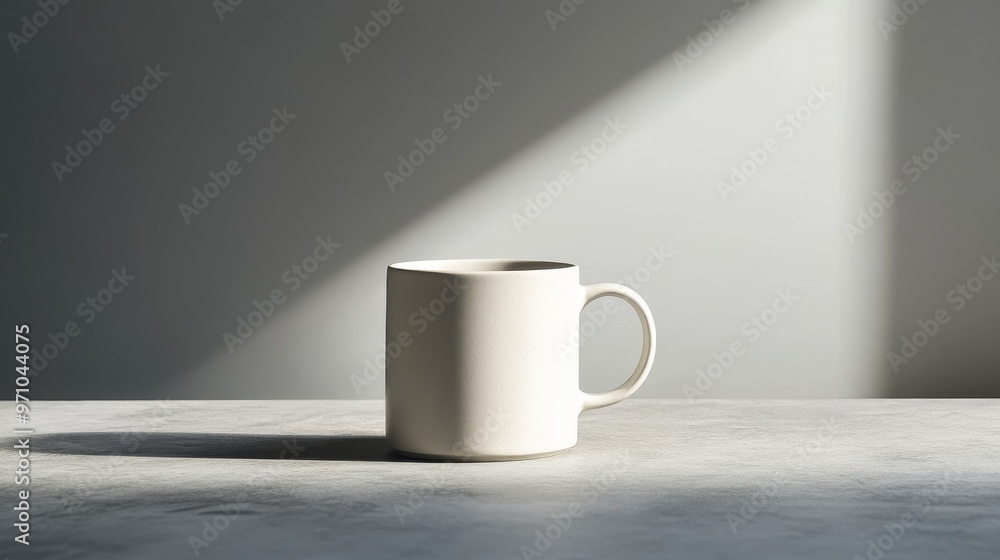 Poster a minimalist white mug on a surface, illuminated by soft light and shadows.