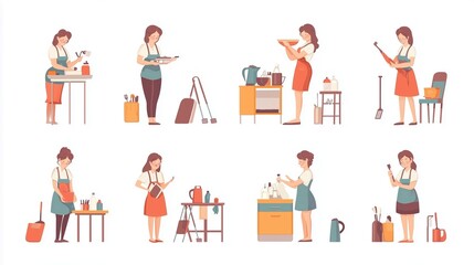 Fototapeta premium A collection of women engaged in various household chores and activities in a bright and cheerful kitchen setting at home