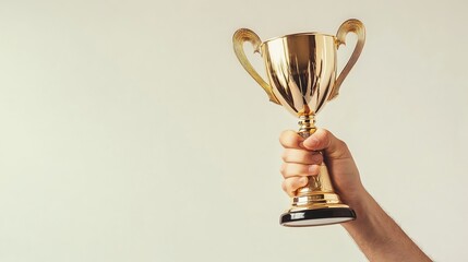 A hand holding up a gold trophy cup.