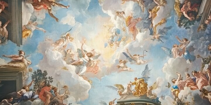 A stunning ceiling mural depicting ethereal figures amidst clouds and heavenly light, showcasing artistic grandeur and divine inspiration.