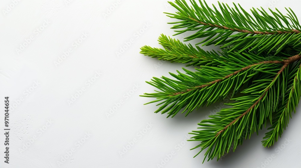 Poster a green pine tree branch is on a white background. the branch is the main focus of the image, and it