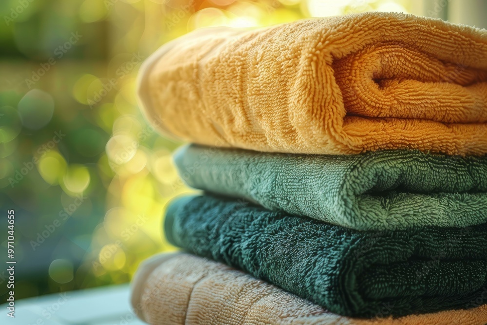 Poster stack of clean and soft colorful towels lying folded on blurred green background