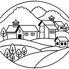 Fototapeta premium rural village landscape outline coloring book page line art drawing