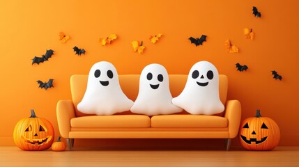 Fototapeta premium A cheerful Halloween scene featuring ghost decorations on a bright orange wall, pumpkins, and a cozy couch.