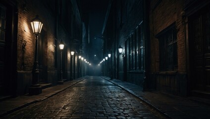 Dark alley with flickering gas lamps in a gothic atmosphere.
