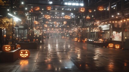 Fototapeta premium Haunted factory transformed for a Halloween event glowing orange lights
