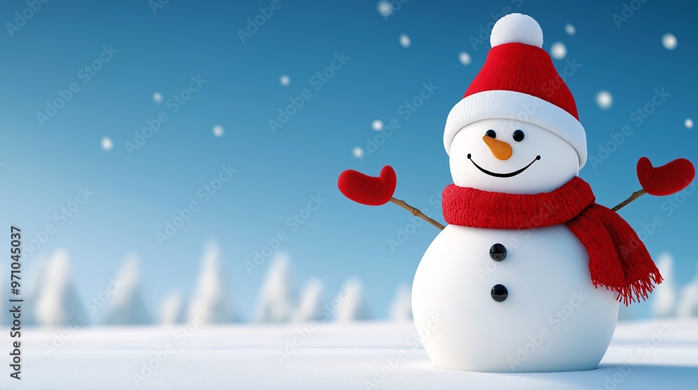 Poster a snowman with a red scarf and a red hat is standing in the snow. the snowman is smiling and he is h