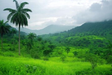 Obraz premium A lush green field with a palm tree in the foreground. The sky is cloudy and the mood of the image is peaceful and serene