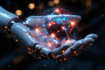 Robot Hand Holding a Glowing Atom