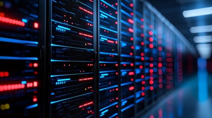 High Tech Data Center Hallway with Illuminated Server Racks and Futuristic Lighting