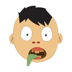 Zombie face Expressions illustration, cartoon zombie faces with different emotions, happy, confused, neutral, and scared, featuring green skin, messy hair, and bloodshot eyes.