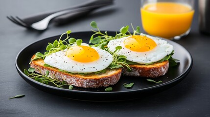 Poached Eggs on Toast with Microgreens and Orange Juice