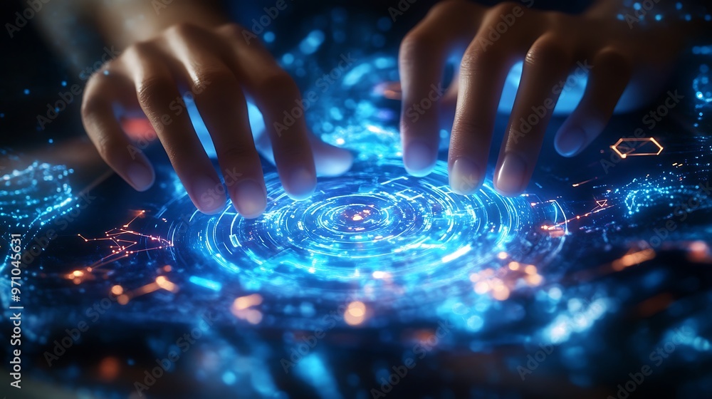 Poster hands interacting with a futuristic digital interface