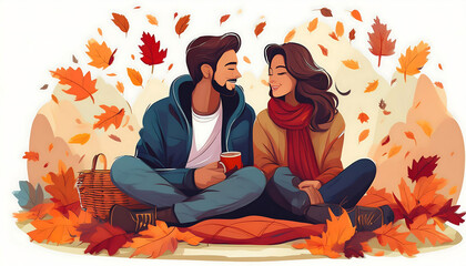  Couple enjoying an autumn picnic with falling leaves – An illustration of a couple sitt_1(97)
