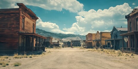 A tranquil view of an old western town under a beautiful sky, showcasing rustic buildings and a dusty street.