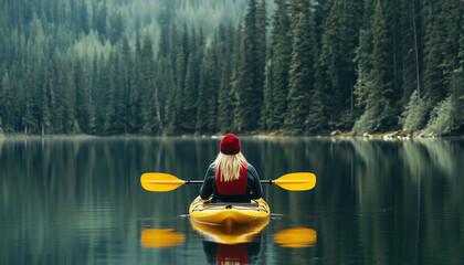 Woman is floating in yellow kayak on lake surrounded by pine forest, peaceful outdoor adventure, nature exploration in autumnal vibrant colors. Active people, solo kayaking, wilderness escape concept
