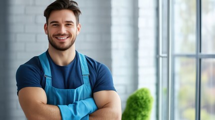 Professional male cleaner in bright modern setting for spring cleaning advertisement