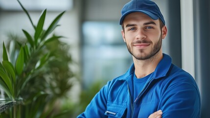 Professional male cleaner in blue uniform with indoor plants - corporate cleaning service concept